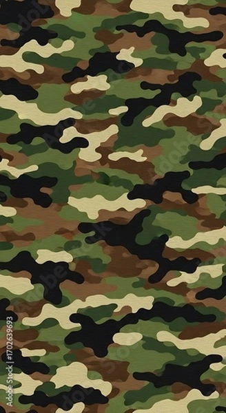 Obraz A captivating pattern of military camouflage, featuring various shades of green, brown, and black, creating a complex and textured design.
