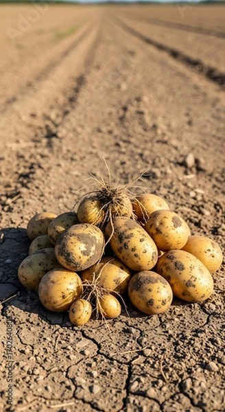 Obraz A pile of freshly harvested potatoes sits on cracked earth, showcasing the bounty of a sunny field.
