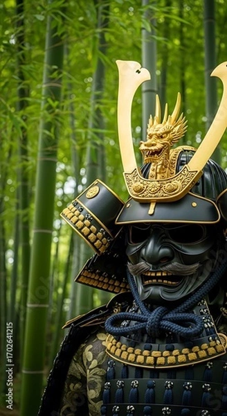 Obraz Ornate samurai armor, detailed and imposing, with a dragon crest, set amidst a backdrop of lush bamboo.