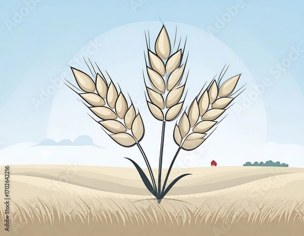 Obraz Three wheat stalks in a golden field, serene sunrise/sunset