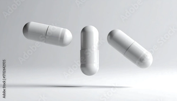 Obraz Three white capsules levitate on a plain white background