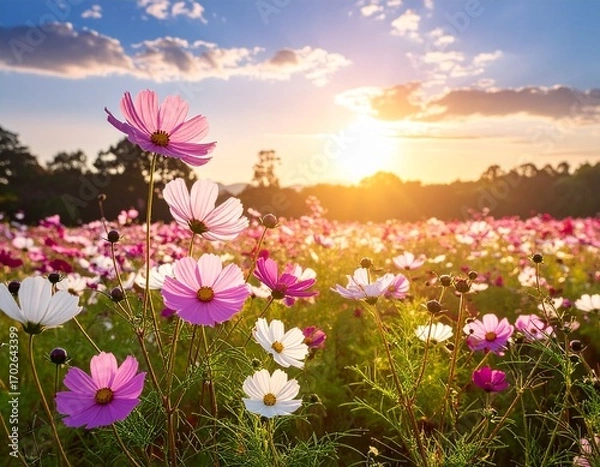 Obraz 夕日に染まるコスモス畑と秋の空