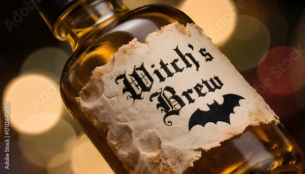 Fototapeta Witch's Brew bottle with vintage label on blurred background for Halloween  