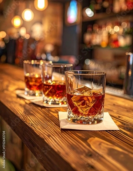 Obraz Three whiskey glasses on a bar