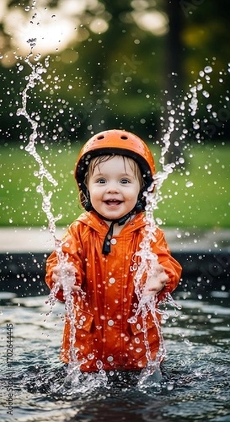 Obraz A joyful toddler, wearing an orange waterproof coat and a matching helmet, plays in the water, surrounded by splashing water droplets.