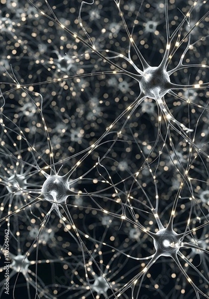 Obraz A detailed close-up view of interconnected neurons, highlighted by glowing points, against a dark background.