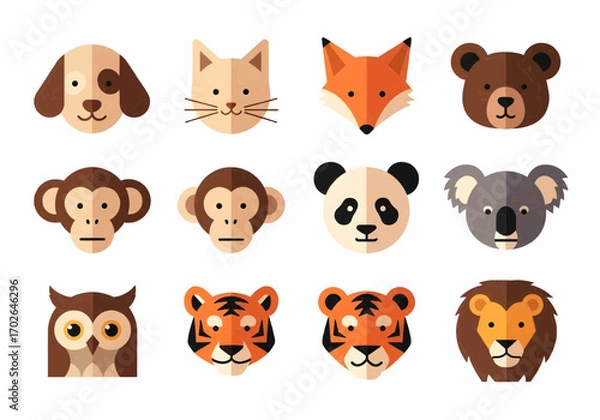 Fototapeta Cute cartoon animal faces emoji set featuring monkey, cat, tiger, panda, and dog expressions for sticker and digital design projects.
