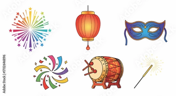 Fototapeta Colorful festival vector set featuring lanterns, fireworks, masks, and cultural celebration icons for holiday and party designs.