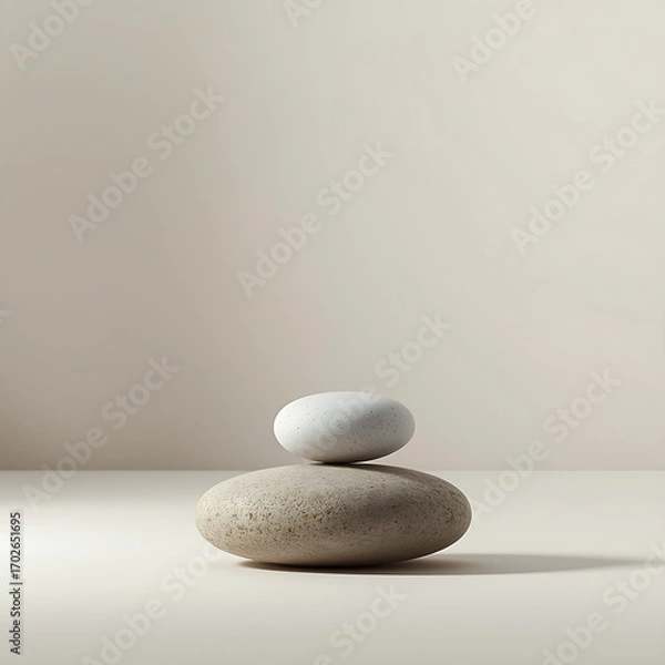 Fototapeta The minimalist design features a single smooth stone, symbolizing focus and stability, and a neutral background in soft beige and gray, with a clean, elegant aesthetic.