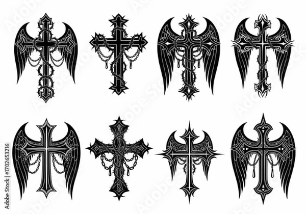 Fototapeta Set of black gothic angel wings in symmetrical pairs for tattoo, fantasy, and dark design projects.