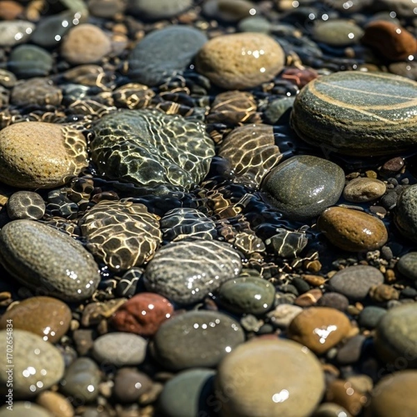 Obraz Close-up view of smooth, colorful stones submerged in shallow, clear water, showcasing intricate patterns and textures.