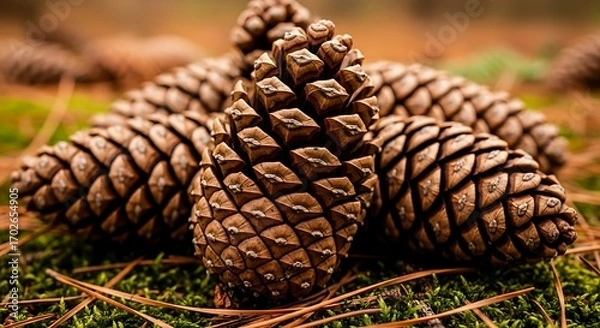 Obraz Close-up view of several pine cones nestled in a bed of moss and fallen needles, showcasing their intricate scale patterns and warm brown tones.