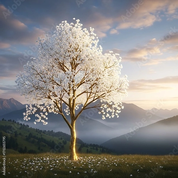 Obraz A breathtaking, golden-lit tree with ethereal white blossoms stands proudly atop a serene hillside landscape at dawn.