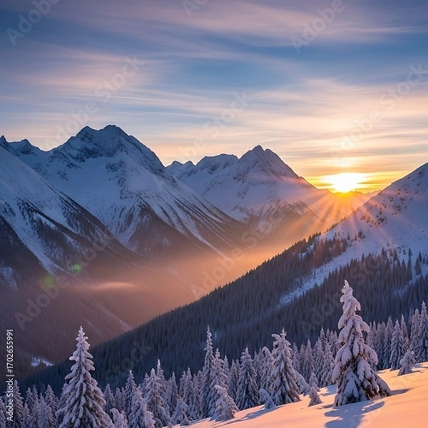 Obraz Majestic snow-capped mountains at sunrise, showcasing a breathtaking winter landscape with sunbeams piercing through the clouds.