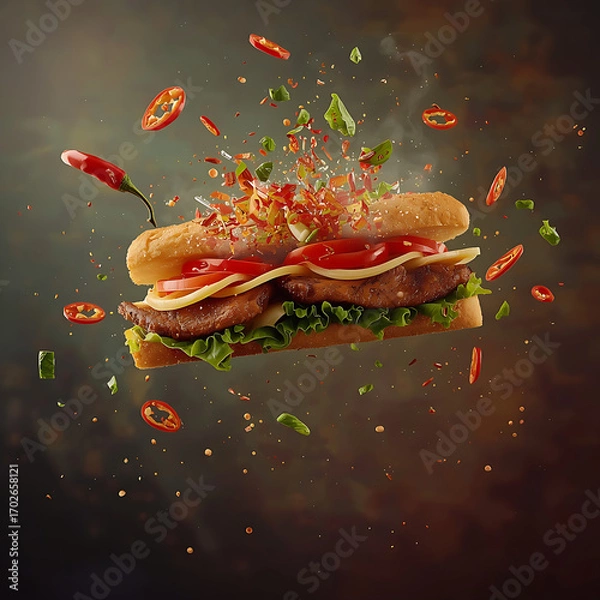 Fototapeta A visually stunning 8K resolution food photography captures a cinematic Bánh Mì sandwich, bursting with flavor and vibrant green herbs, showcasing the crispy golden bread, juicy meat, and colorful veg