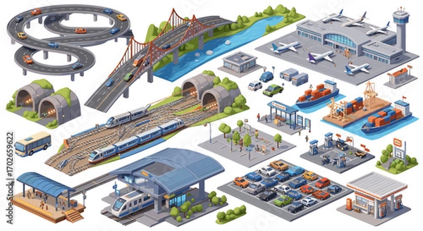 Fototapeta Isometric illustration depicting a city with roads, trains, airport, and port facilities in detail on transparent background