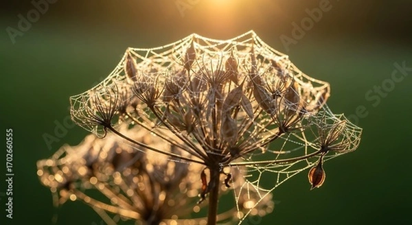 Obraz Delicate spiderweb draped across a dried plant, illuminated by the golden light of dawn or dusk.