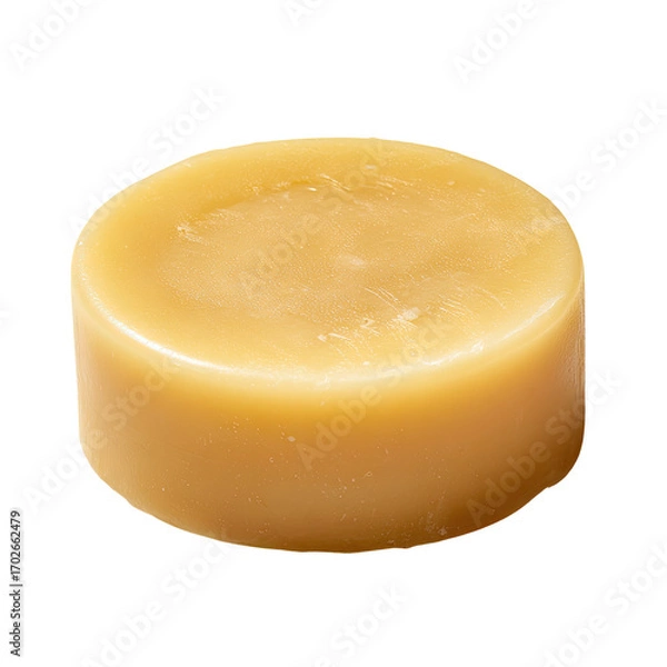 Obraz Round, light golden-yellow bar soap.  Smooth, slightly textured surface.  Solid, compact form