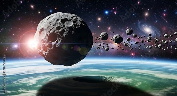 Obraz A large asteroid hurtles through space, towards a planet with a vast cosmic background.