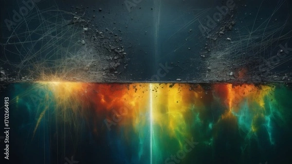 Fototapeta 
This image is an abstract and surreal composition split into two distinct horizontal halves. The top half is a dark, gritty surface with cracks and what looks like dirt or debris, while the bottom ha