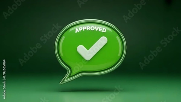 Fototapeta 
This image features a three-dimensional green speech bubble with a large, white checkmark in the center. The word "APPROVED" is embossed on the top of the bubble. The bubble has a glossy finish and i