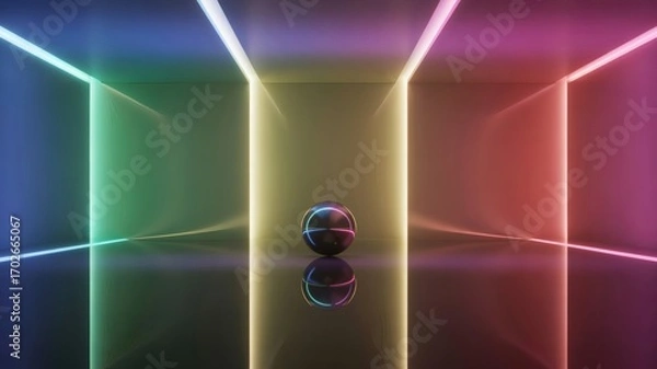 Fototapeta 
This image shows a futuristic, symmetrical room defined by glowing neon light strips that outline the corners of the walls and ceiling. The lights cycle through a rainbow of colors, creating a vibran