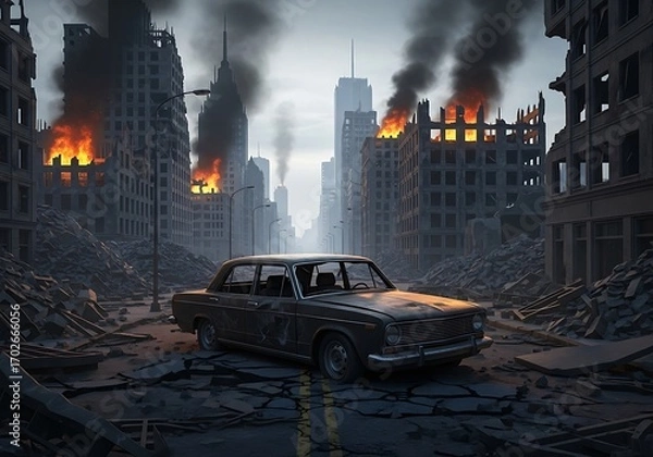 Obraz A deserted, ruined city street is lined with burning, broken buildings, and a vintage car sits amidst the debris.