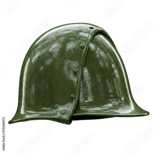 Fototapeta Vintage Military Helmet in Olive Green with Glossy Finish on Transparent Background Ideal for History Book Illustrations and Military Themed Designs