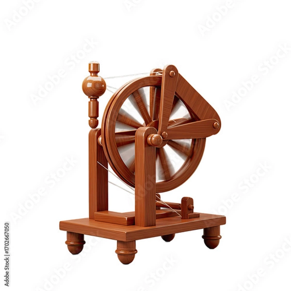 Fototapeta Vintage Wooden Spinning Wheel with Intricate Details on a Brown Background: A 3D Render for Textile Design and Craft Projects