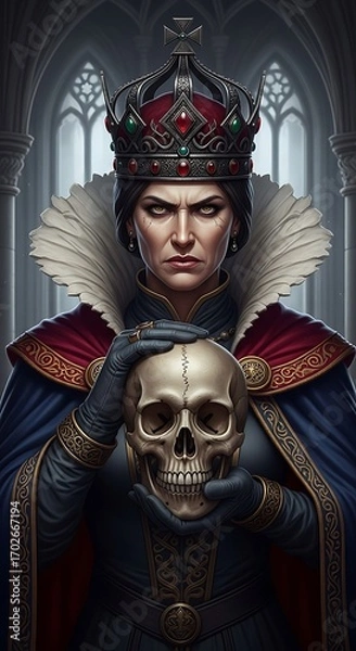 Obraz A regal female figure, adorned in a rich, dark blue and crimson robe, holds a skull, exuding a serious and somber mood.