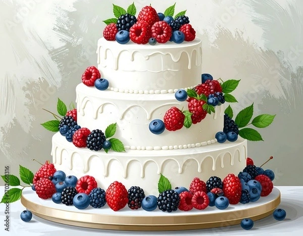 Obraz Three-tiered white cake with berries