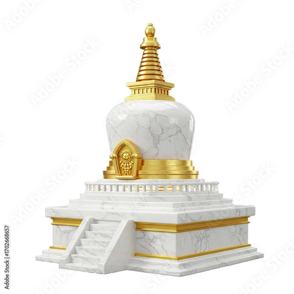 Fototapeta White and Gold Marble Stupa 3D Render with Transparent Background for Spiritual and Religious Design Projects, Ideal for Meditation, Peace