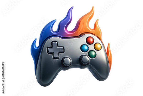 Fototapeta 3D Game Controller Icon with Flame Energy Effect – Glossy Chrome Futuristic Design for Esports and LoL Worlds 2025 China