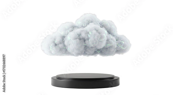 Fototapeta White Cloud Shaped 3D Render on a Dark Grey Circular Pedestal Against a Light Grey Background: Perfect for Technology, Cloud Computing, or Data