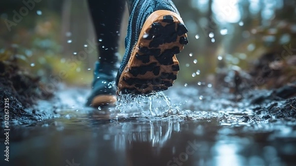 Fototapeta Trail Running Shoe Splashing in Puddle, Closeup of Sole and Water Droplets
