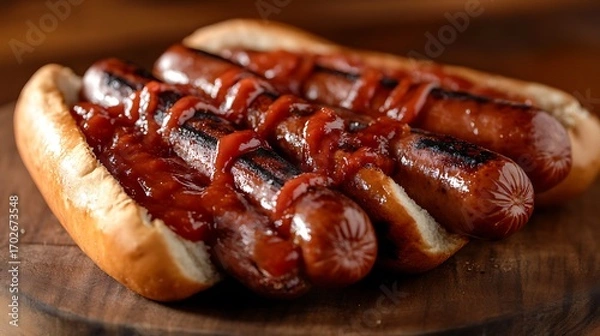 Fototapeta Two Grilled Hotdogs with Ketchup Topping Served on Buns on Wood Surface