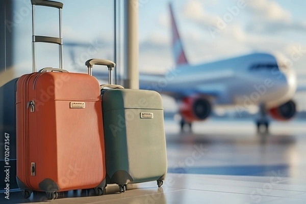 Fototapeta Two Suitcases Orange and Green with Handle Upright inside Airport Terminal Window