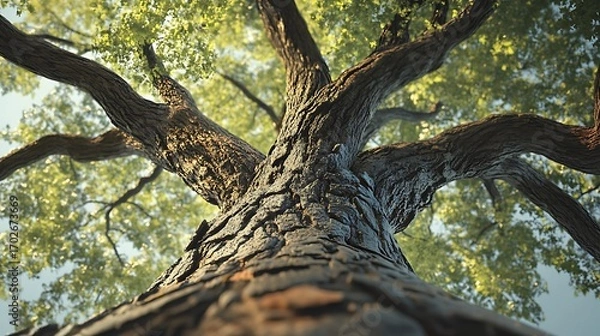 Fototapeta Upward Angle of Textured Tree Trunk with Branching Canopy and Green Leaves View