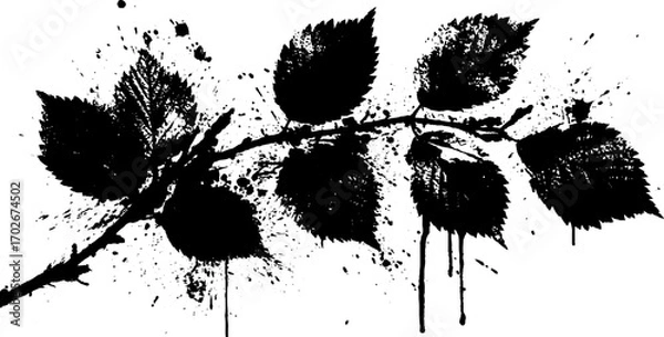 Fototapeta Black ink grunge silhouette of branch with leaves for urban art design