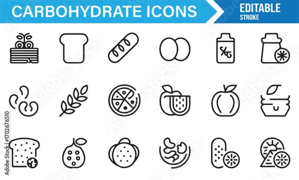 Fototapeta Outline food icons representing carbohydrate sources like grains, bakery, and desserts