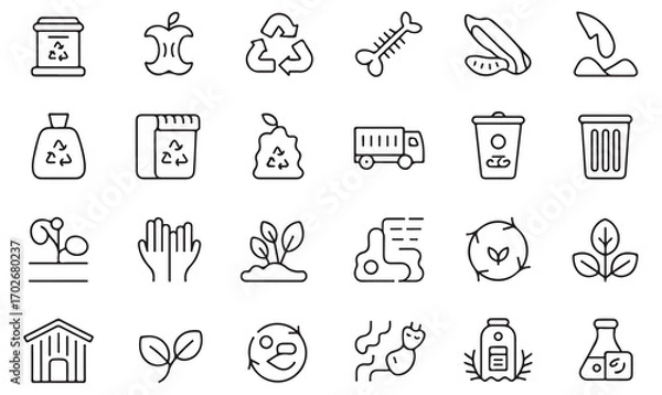 Fototapeta Line icon set of recycling, compost, and waste disposal with eco-friendly sustainability and environmental conservation symbols in outline style