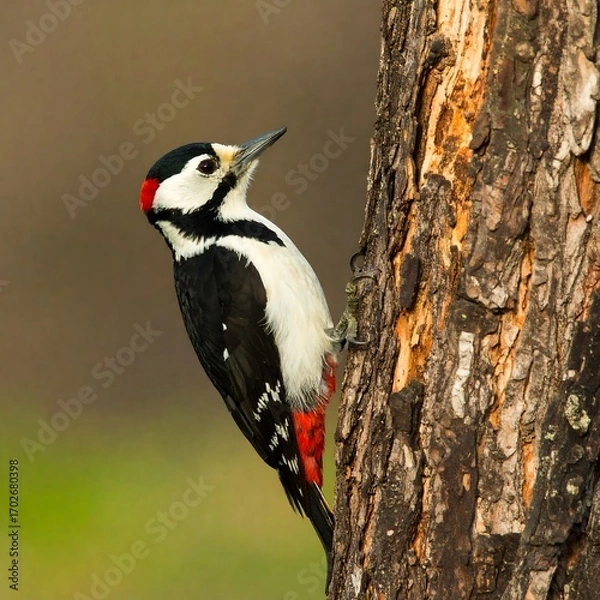 Obraz Woodpecker perched on tree trunk