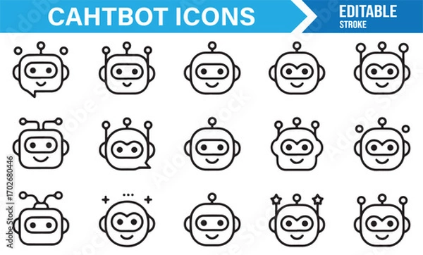Fototapeta Linear stroke icons of cute chatbots for customer support, messaging, and AI projects