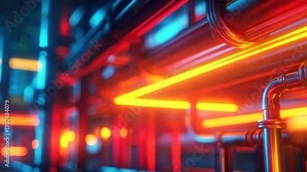 Fototapeta Vibrant industrial scene featuring glowing neon pipes and tubing in a futuristic setting with reflections