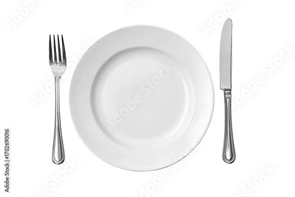Obraz Empty white plate with fork and knife