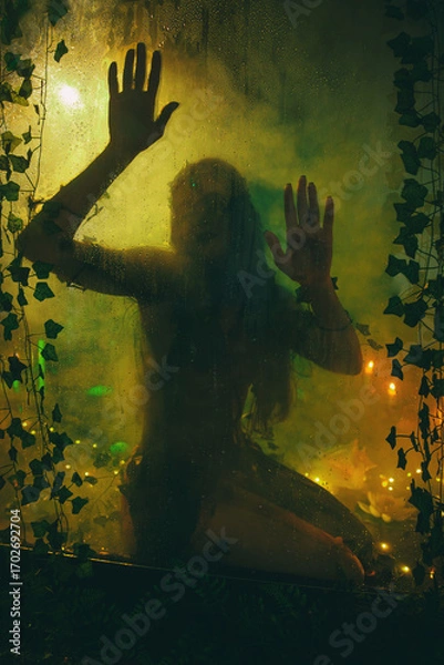 Obraz caught mermaid in aquarium fantasy woman ghost dark silhouette through wet glass with water drops flow dawn black night. close up hands touching fogged up glass. horror creepy gothic girl fairy elf