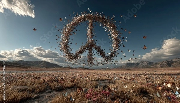 Obraz A peaceful meadow with butterflies forming a peace symbol in the air