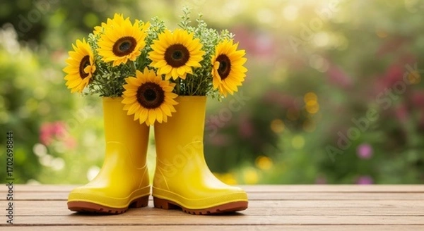 Fototapeta A pair of yellow rain boots filled with sunflowers, placed on a wooden surface, with a blurred garden background.