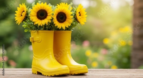 Fototapeta Bright yellow rain boots filled with sunflowers and greenery, set on a wooden surface with a blurred garden background.