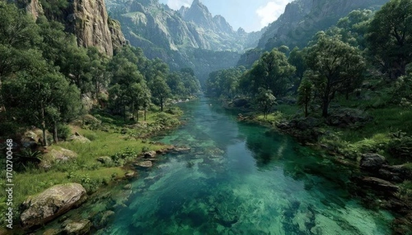 Obraz A peaceful river flowing through a lush valley